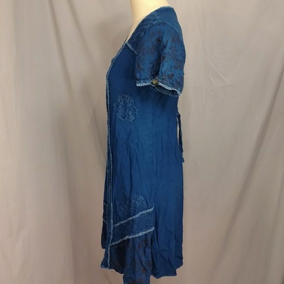Boho Indian Dress Denim Blue Short Sleeve Embroidered mk Lg w/ Measurements - Picture 3 of 8